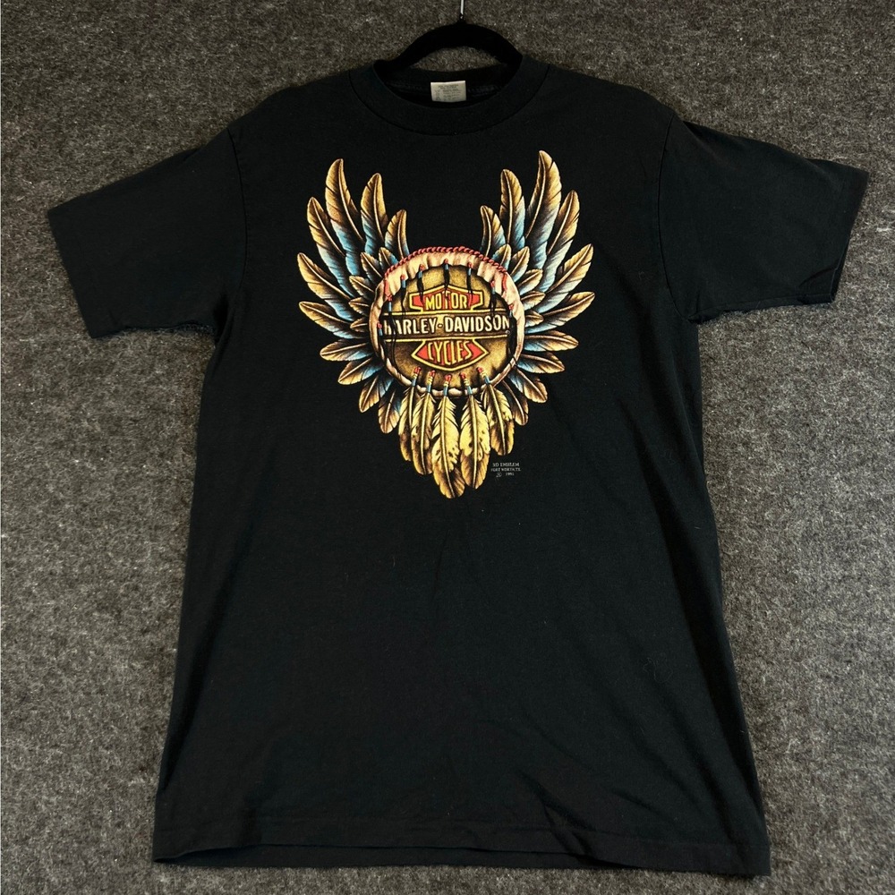Vintage 90s Harley Davidson Shirt Mens Large Black 3D Emblem Feather Graphic USA
